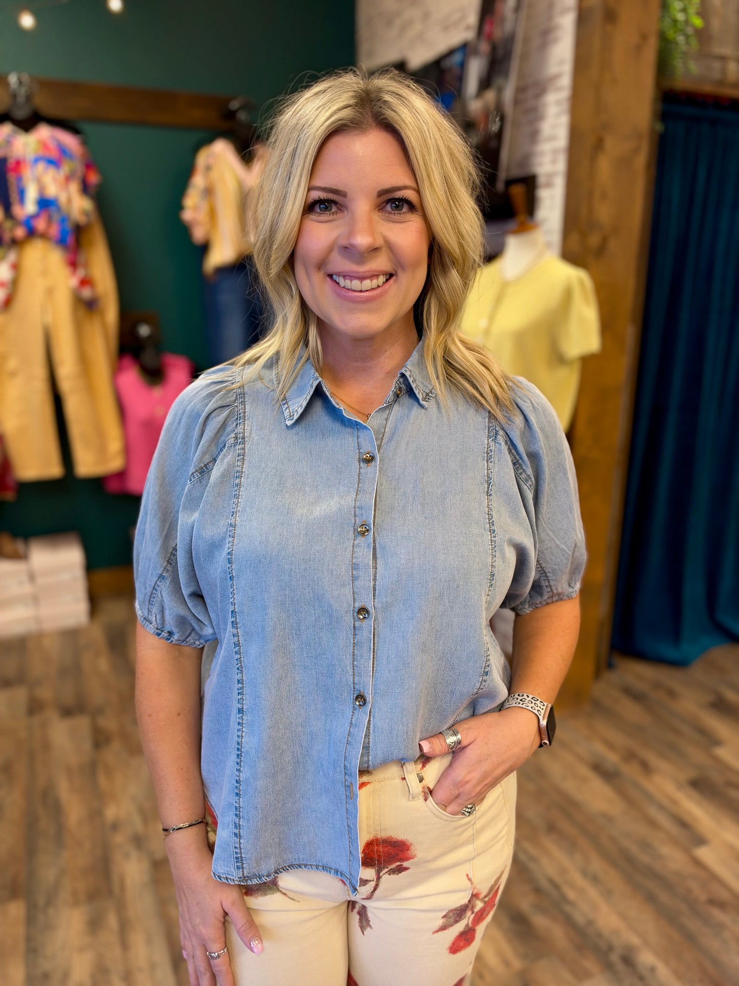 Stone Wash Denim Button Down Top