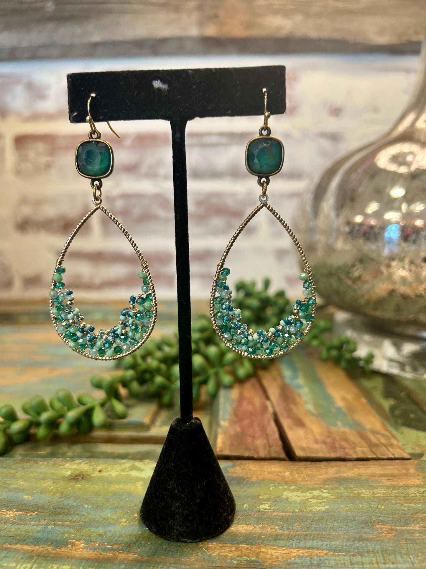 Teal Mini Bead Teardrop Earrings