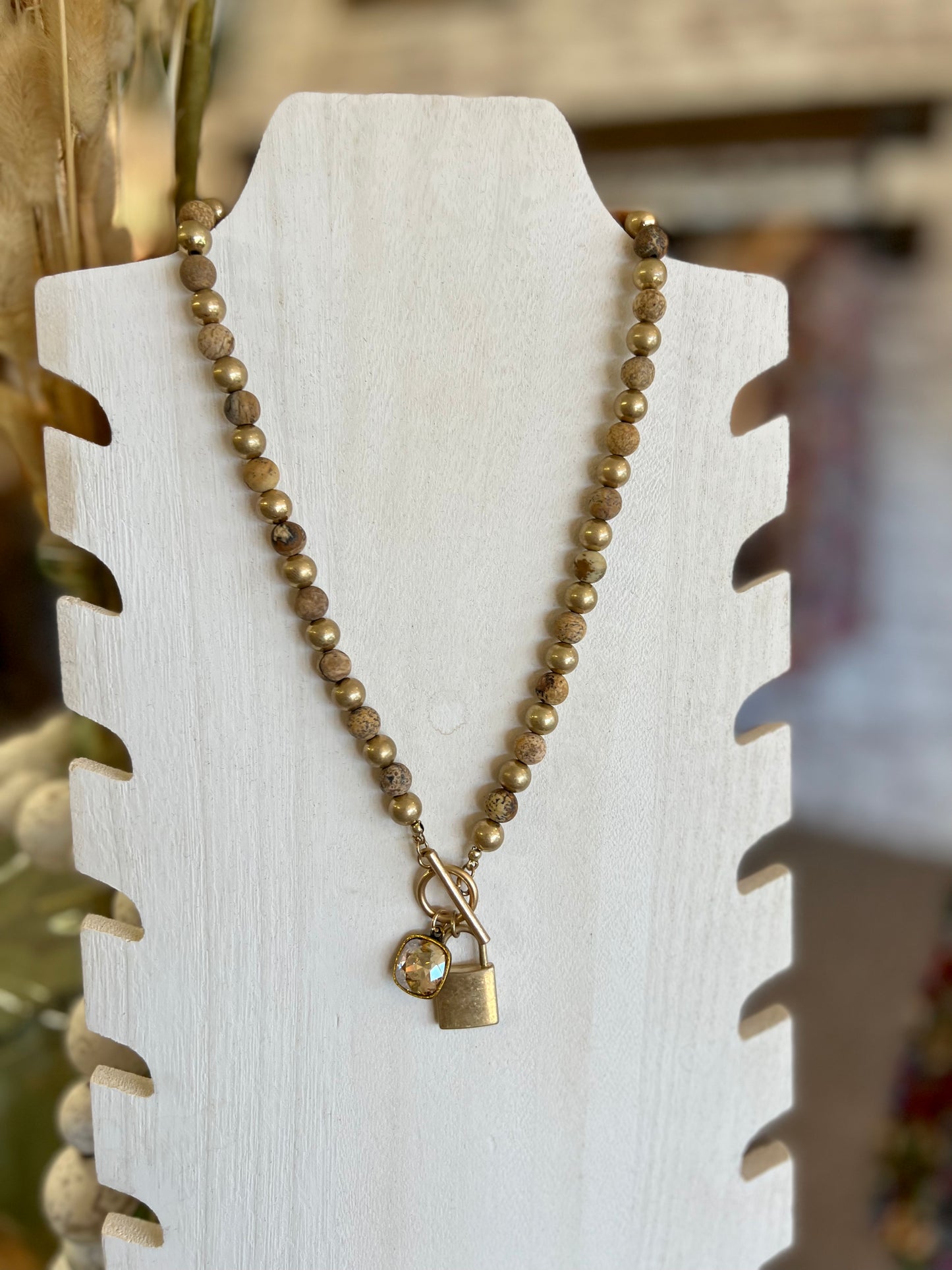 Wood & Gold Bead Lock Necklace