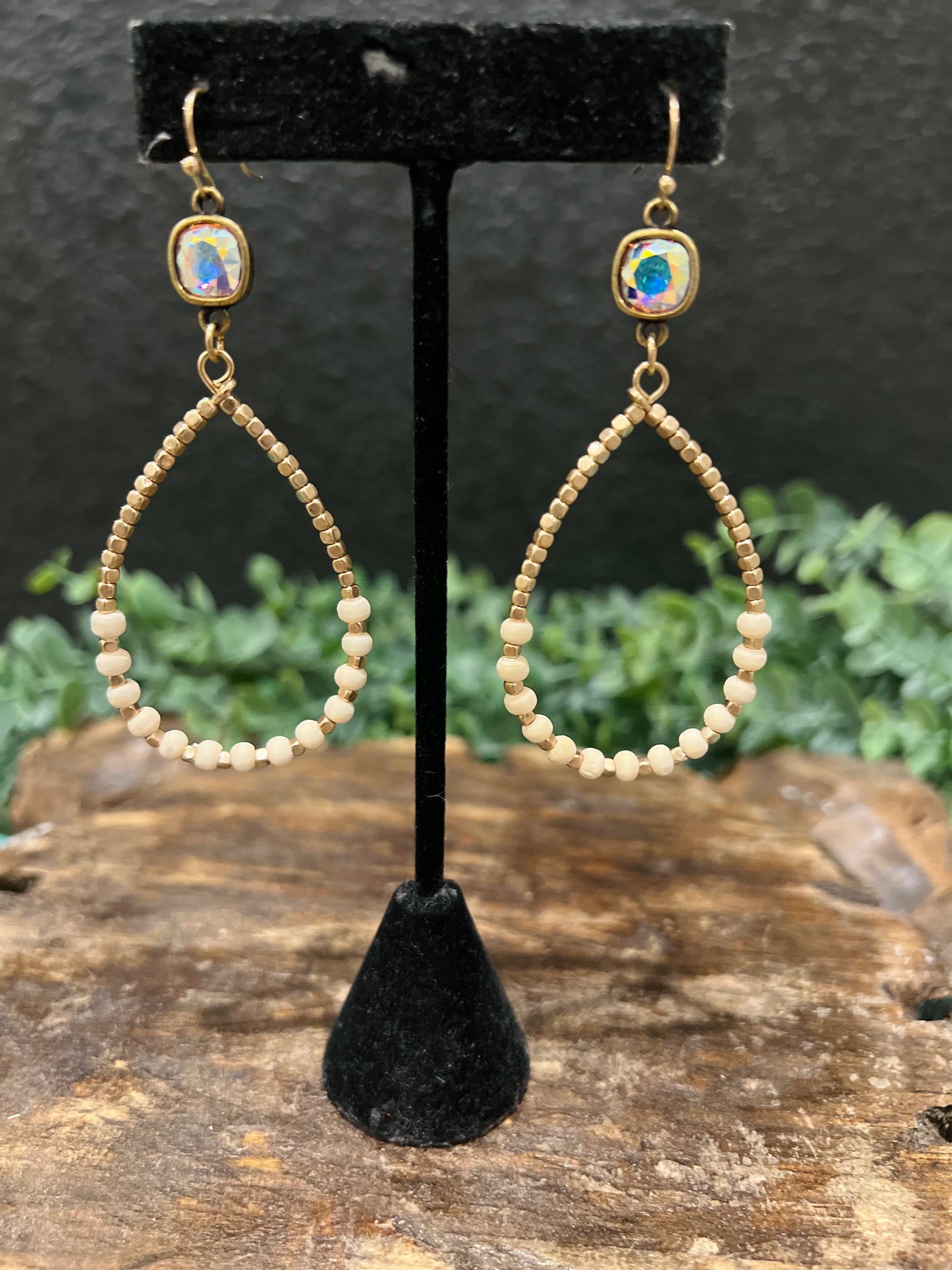 Gold & Cream Bead Teardrop Earring