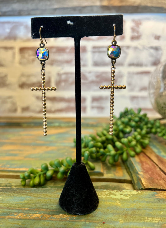 Gold Beaded Cross Earrings